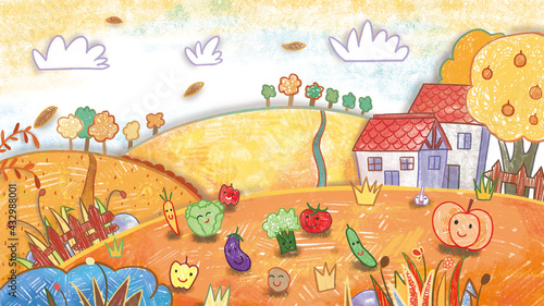 Autumn Harvest Farm Backdrop Background. Cute oil pastel drawing crayon doodle for children book illustration poster wall painting. pumpkin, eggplant, cucumber, tomato, pepper, potato, cabbage, carrot