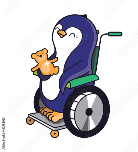 The cute penguin is a wheelchair disabled. The baby animal
