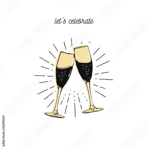 Two sparkling glasses of champagne, flat graphic