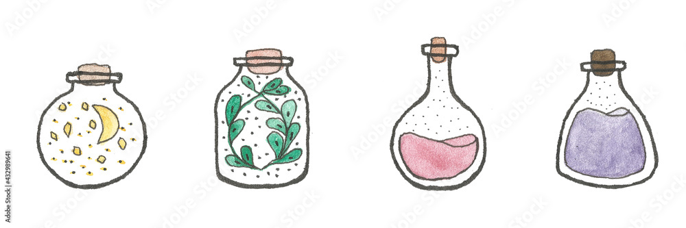 Watercolor flasks. Illustrations of various flasks. Watercolor flasks. Illustrations of various flasks.