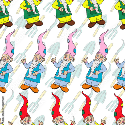 Vector seamless pattern on the theme of gardening. 
Garden gnomes on the background of garden tools. 
Printing on textiles, backgrounds, packaging products
