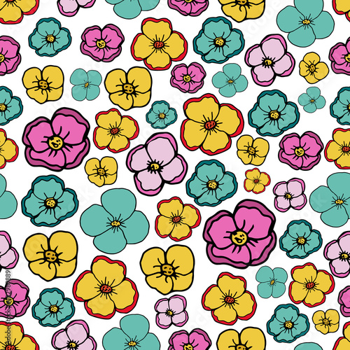 Bright floral seamless pattern. Vector image. Colorful flowers on a white background. For printing on textiles, for backgrounds and packaging products