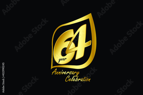 64 year anniversary gold color minimalist logo with golden leaf line jubilee, greeting card. Birthday invitation sign. Gold space vector illustration on Black background - Vector