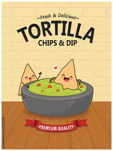 Vintage food poster design with vector tortilla chips & dip characters.