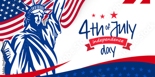 4th of July, USA, United States of America independence day celebration design on the USA, united states of American waving flag and statue of liberty on the background.
