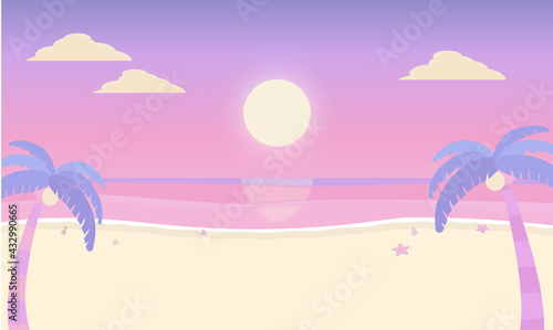 夏 夕暮れの海辺 サンセット 背景素材 ベクターイラスト パステルカラー