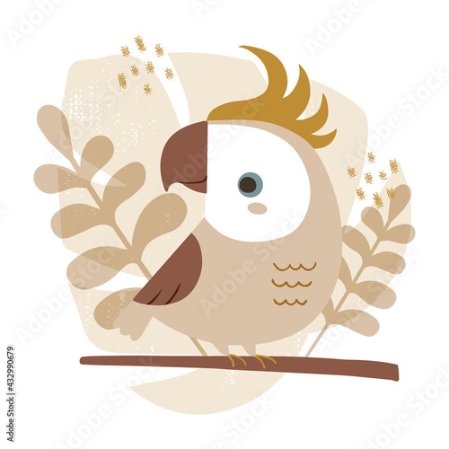 Vector illustration of cute cockatoo parrot with botanical background in trendy earthy colors.