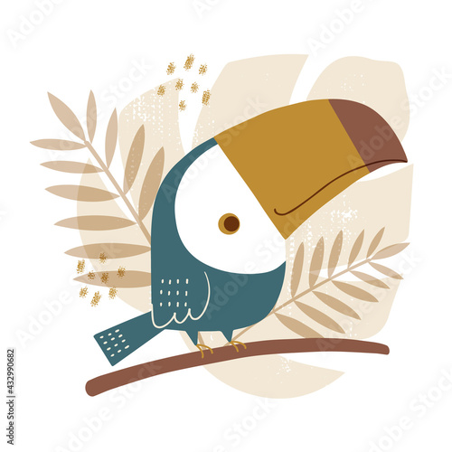 Vector illustration of cute toucan with botanical background in trendy earthy colors.