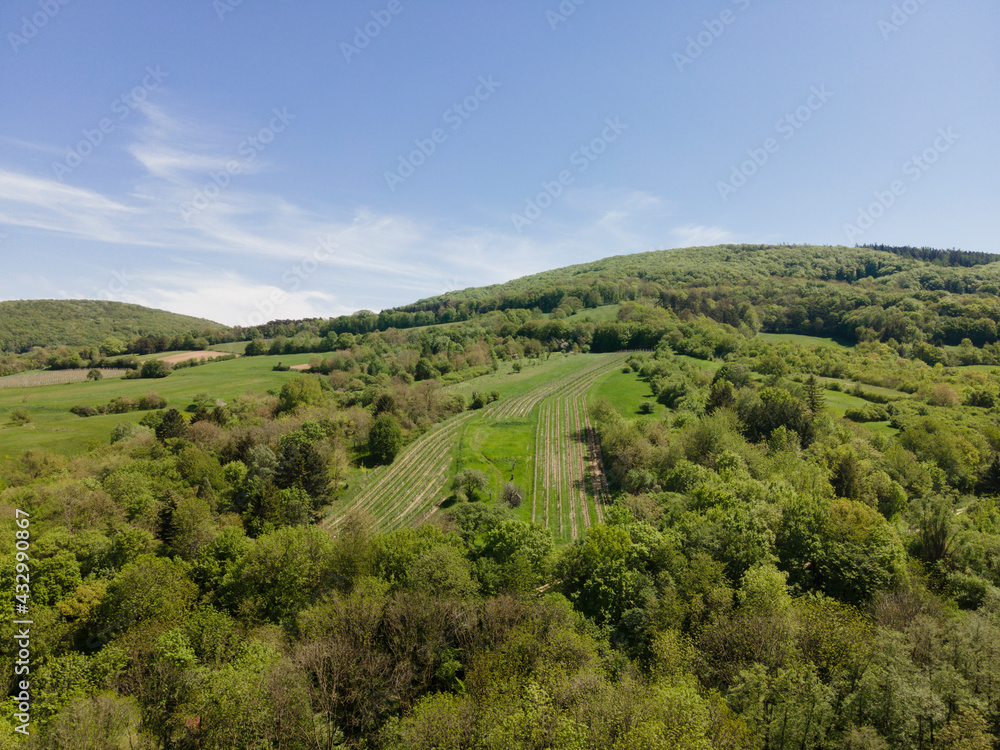 aerial drone flight photo of green hills, meadows and fresh forest in Lower Austria at the edge of Vienna Woods on a sunny day