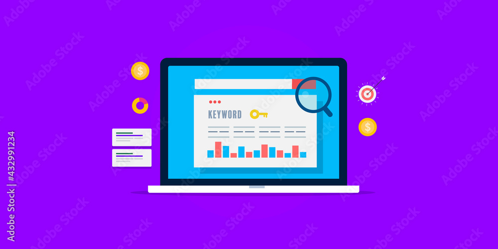 Keyword search tool, SEO keyword software showing keyword data on laptop screen. Keyword for onpage optimization, ranking improvement. Flat design web banner.