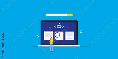 Web crawler, search engine spider bot indexing website data and information, digital marketing technology, woman analysing seo algorithm, web page optimization concept.