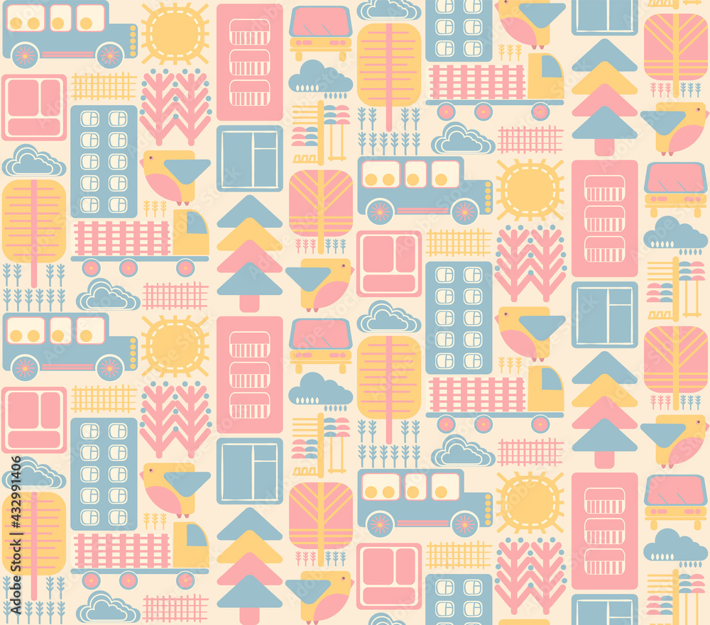bright seamless pattern with city landscape elements in geometry shapes