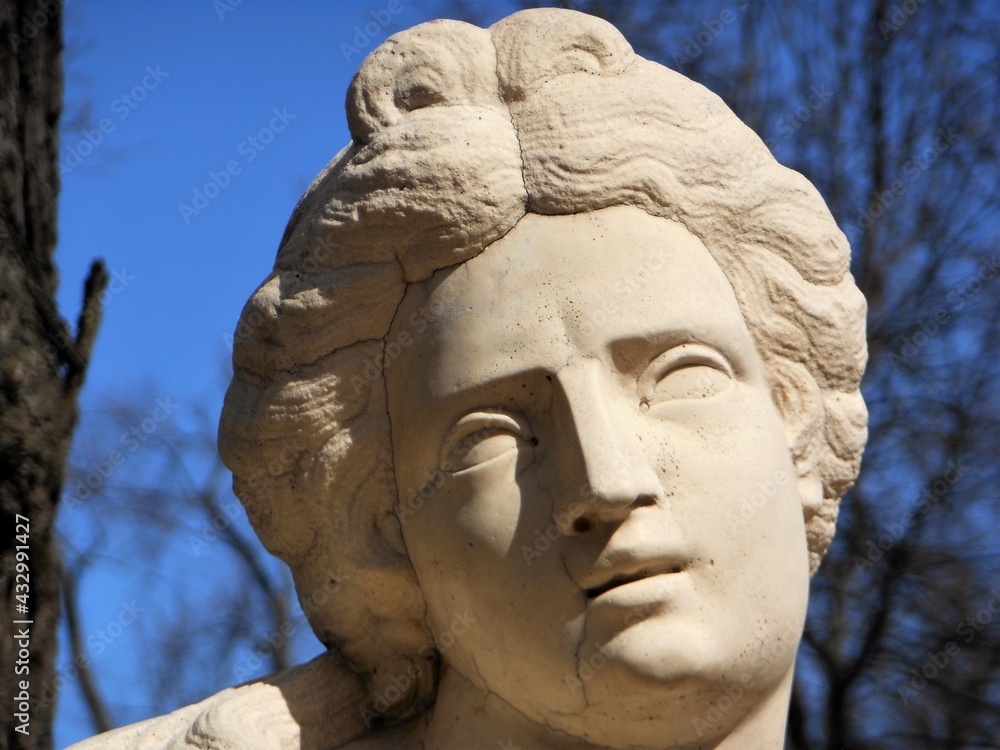 Bust in the Lower Park of Peterhof. Roman style sculptures. The beauty of the architecture of the sculptors.