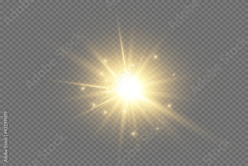 Glow effect. Gold star on a transparent background. Bright sun. Vector illustration. photo