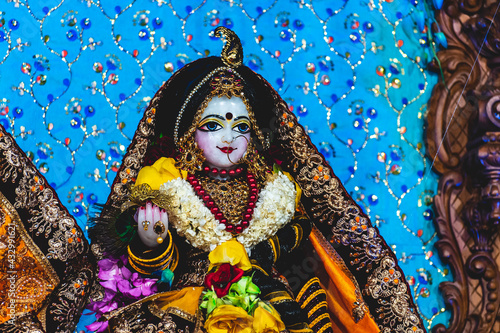Close up of white marble stone statue of goddess Radha with beautiful clothing and jewellery, decorated with bright flowers in blue background at an Indian temple. photo