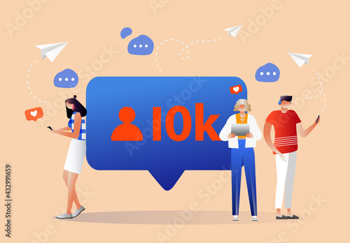 Social media bubble with red heart symbol flat vector illustration of young people using mobile gadgets	
