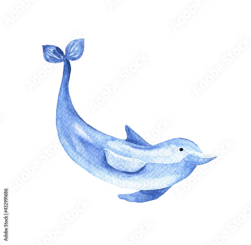 Watercolor blue cartoon and cute dolphin isolated on white