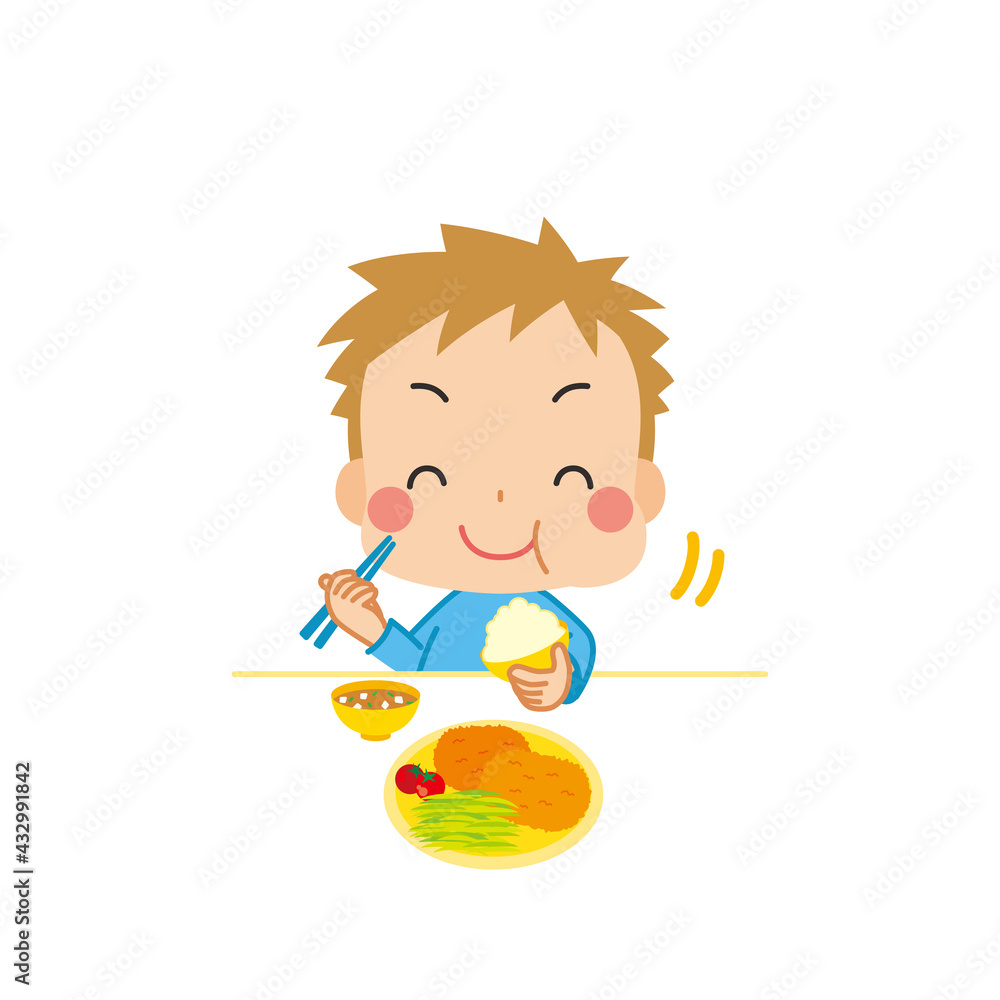 お行儀よくおいしそうにご飯を食べている可愛い地位無さ男の子のイラスト Stock Vector | Adobe Stock
