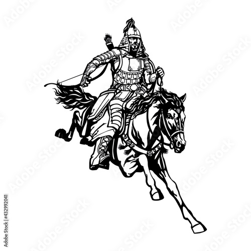 Khan Mongolian nomad on horseback and his horde