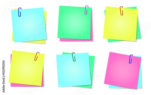 A set of six double paper notes with a paper clip. Background for text. Vector illustration.
