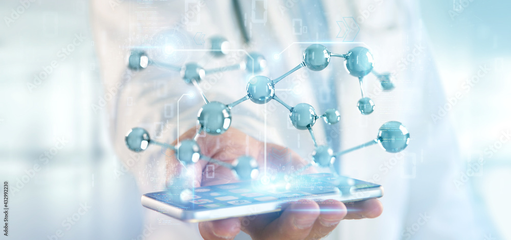 Doctor touching a 3d molecule concept - 3d rendering Doctor touching a 3d molecule concept - 3d rendering