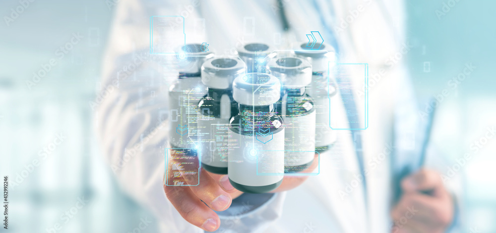 Doctor touching a vaccine concept - 3d rendering Doctor touching a vaccine concept - 3d rendering