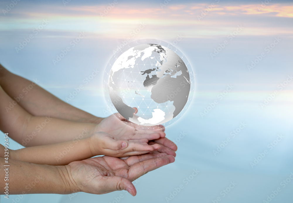 WORLD Icon in Mother and kid hands, bright future concept. WORLD Icon in Mother and kid hands, bright future concept.