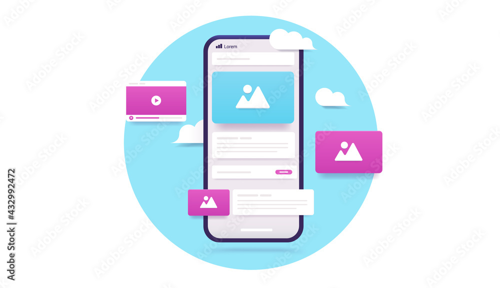 Smartphone and ui elements in oval frame - Vector illustration of mobile phone with web elements in blue circle and white background. Smartphone and ui elements in oval frame - Vector illustration of mobile phone with web elements in blue circle and white background.