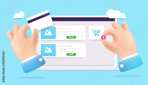 Online shopping concept - Cartoon hands using web shop and holding credit card on laptop computer with blue background. Vector illustration.