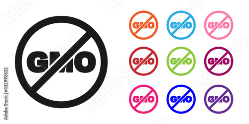 Black No GMO icon isolated Black background. Genetically modified organism acronym. Dna food modification. Set icons colorful. Vector