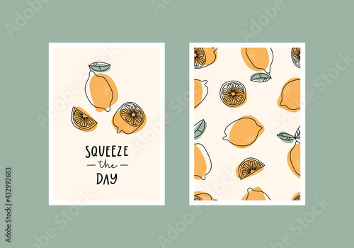 Squeeze the day. Inspirational card or home decor with hand drawn lemons. 