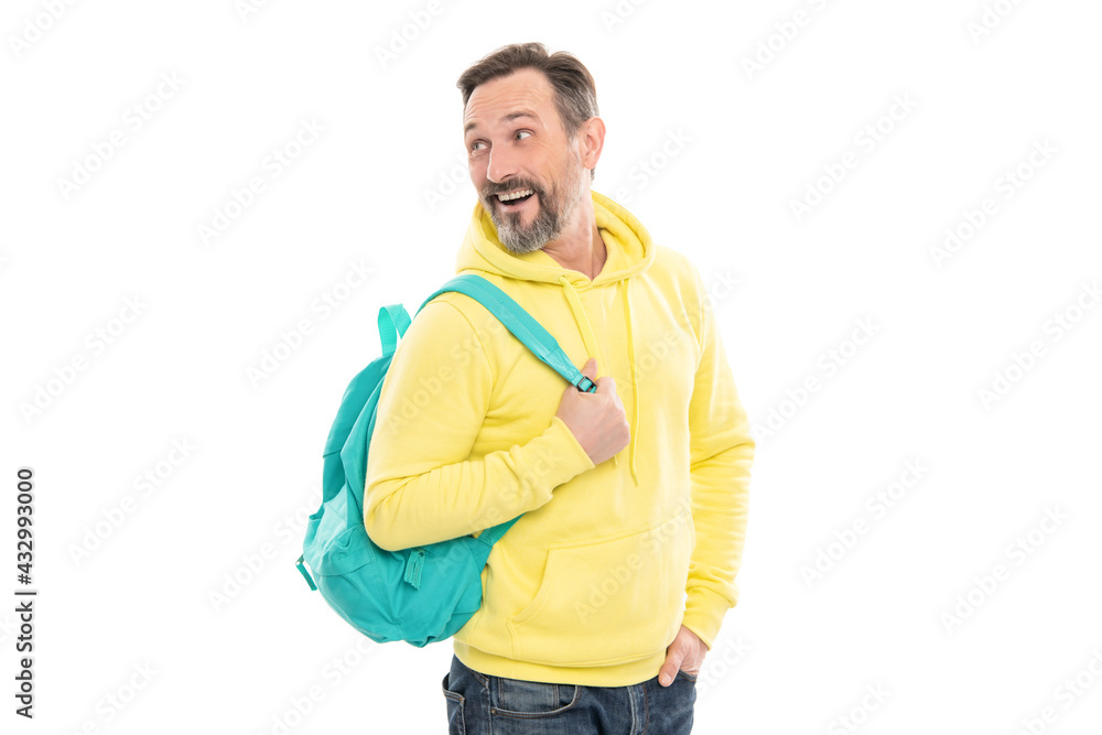 cheerful mature man in hoody carry school bag or backpack isolated on white, casual style. cheerful mature man in hoody carry school bag or backpack isolated on white, casual style.