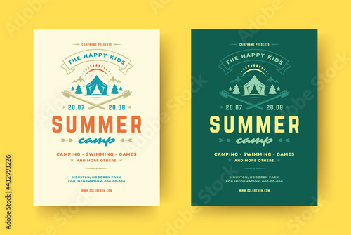 Kids summer camp poster or flyer event retro typography design template and forest lanscape and tent background