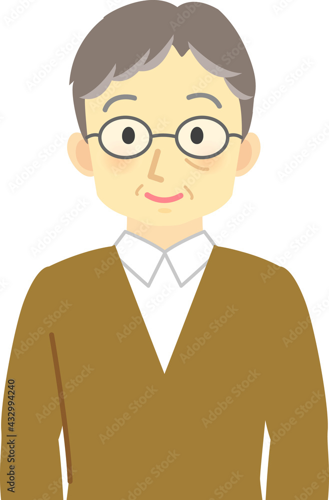 イラスト素材：ニッコリ笑う眼鏡をかけた年配男性の上半身
