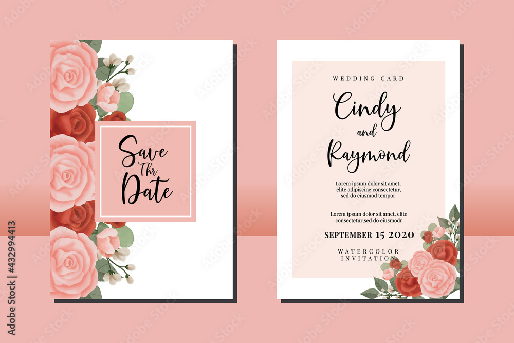 Wedding invitation frame set, floral watercolor hand drawn Pastel Rose Flower design Invitation Card Template