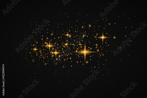 Dust white. White sparks and golden stars shine with special light. Vector sparkles on a transparent background. Christmas abstract pattern. Sparkling magical dust particles.
