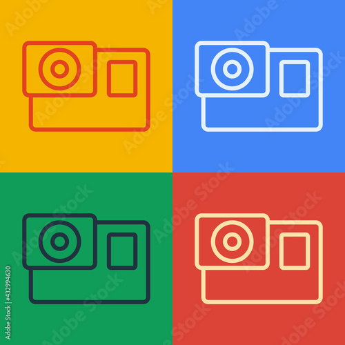Pop art line Action extreme camera icon isolated on color background. Video camera equipment for filming extreme sports. Vector