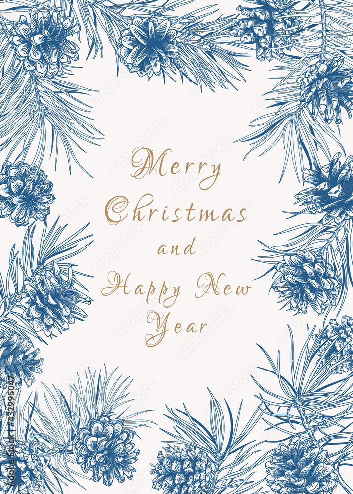Holiday frame with pine branches and cones. Blue and white. Holiday frame with pine branches and cones. Blue and white.
