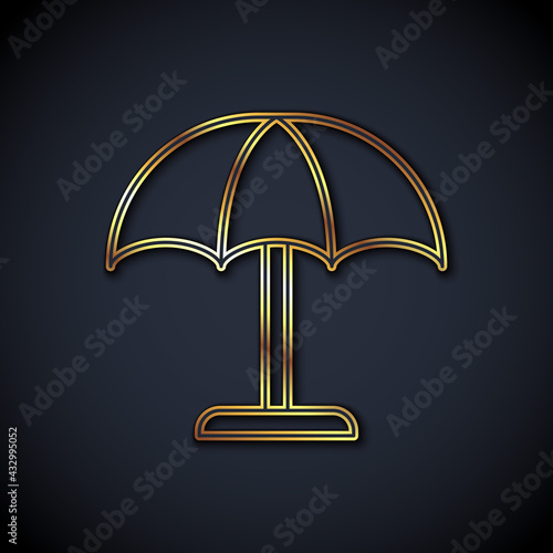 Gold line Sun protective umbrella for beach icon isolated on black background. Large parasol for outdoor space. Beach umbrella. Vector