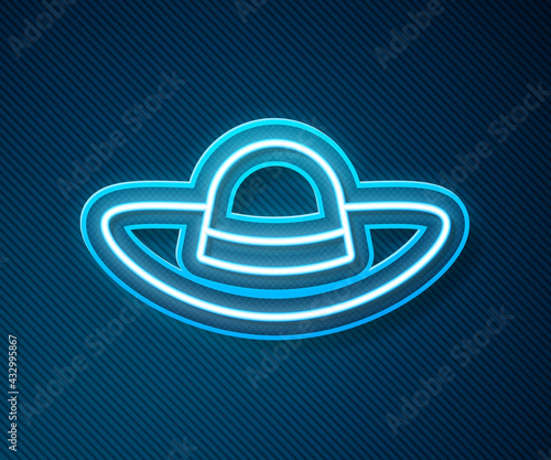 Glowing neon line Elegant women hat icon isolated on blue background. Vector