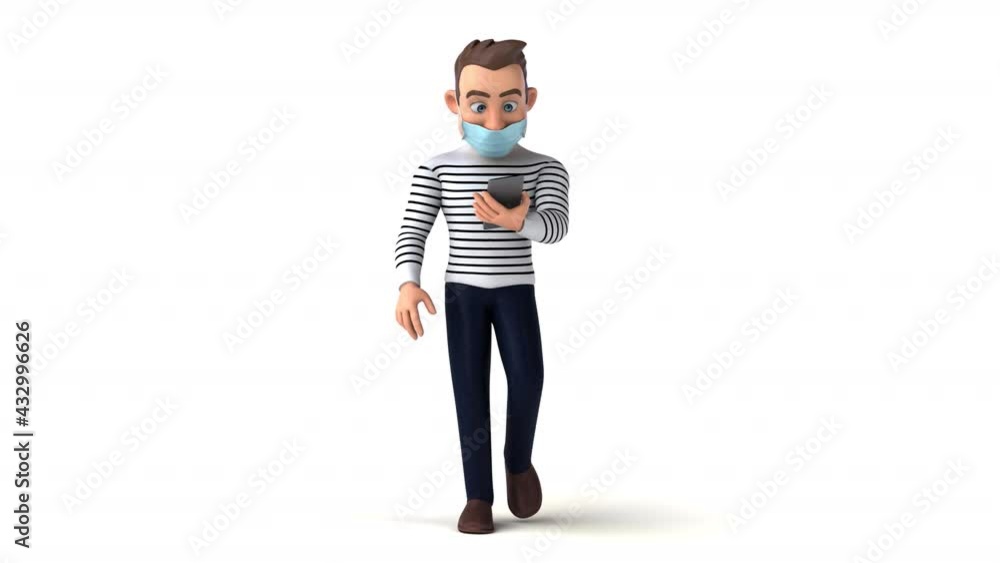Fun 3D cartoon man with a mask on the phone Fun 3D cartoon man with a mask on the phone