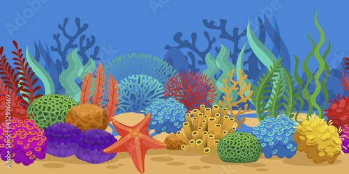 Coral seamless border. Ocean reef seaweeds, oceanarium seabed. Sea sponge starfish on sand bottom vector horizontal undersea texture, seascape. Colorful algae deep underwater, aquatic system