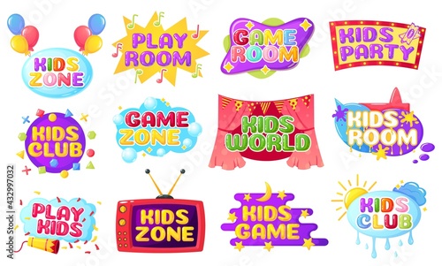 Kids zone. Cartoon children label decoration  colorful banner with bubbles  paint splashes  balloons. Playroom emblem or logo vector set. Game room or party with glossy lettering  signs