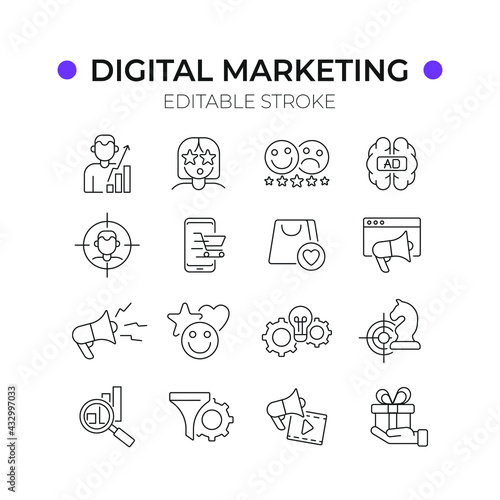 Digital Marketing linear icons set. Advertising. Thin line customizable illustration. Contour symbol. Vector isolated outline drawing. Editable stroke