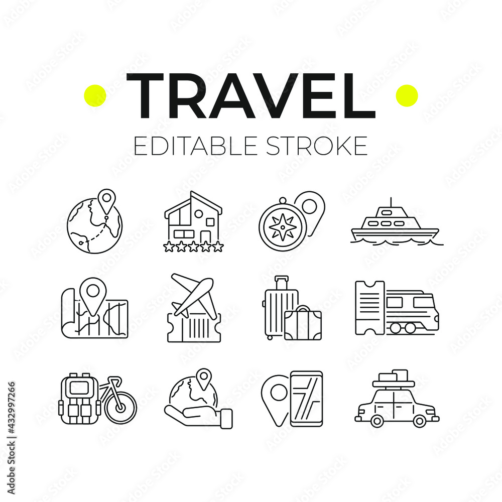 Tourism linear icons set. Holiday travel, vacation trip. Tour agency service. Thin line customizable illustration. Vector isolated outline drawing. Editable stroke Tourism linear icons set. Holiday travel, vacation trip. Tour agency service. Thin line customizable illustration. Vector isolated outline drawing. Editable stroke