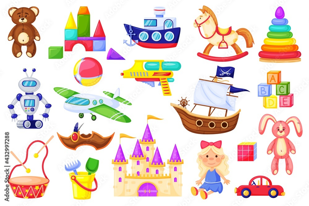 Fototapeta premium Kids cartoon toy. Cute baby doll, teddy bear, bunny, airplane, car, robot, drum, cubes, blocks. Game toys for children to play vector set. Isolated colorful objects for playroom collection