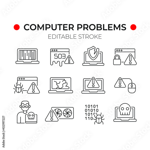 Computer problems linear icons set. Error. Virus. Thin line customizable illustration. Contour symbol. Vector isolated outline drawing. Editable stroke