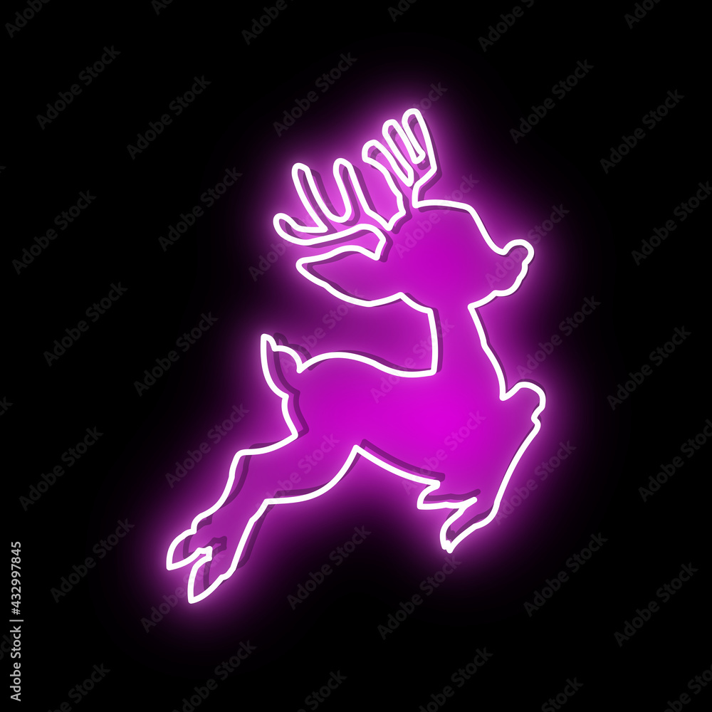 christmas deer with its purple light illuminated in neon with decoration and nocturnal light