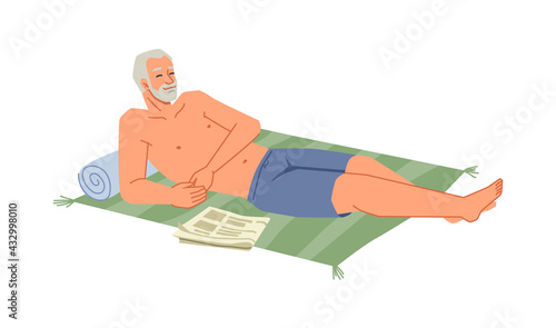 Bearded senior man sunbathing on blanket at seashore isolated flat cartoon character relaxing on beach. Summer vacation, recreation at seaside, adult person in swimwear, shirtless tourist relaxing