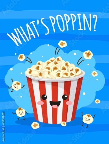 Popcorn poster. Cute bucket of popcorn with funny smiling face. Tv movie, cinema print with food and snacks. Cartoon vector background. Striped container or package with crunchy food